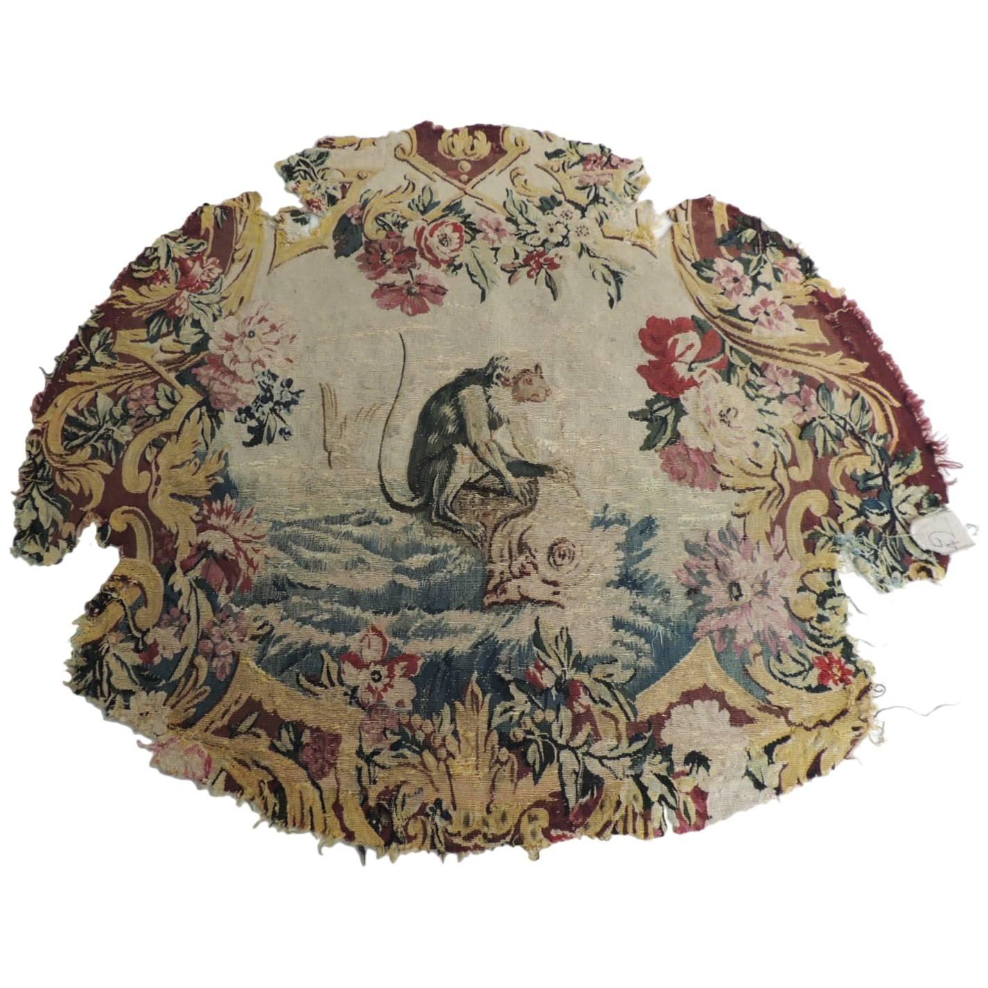 19th C.Aubusson Tapestry Chair Seat Cover Depicting a Monkey
