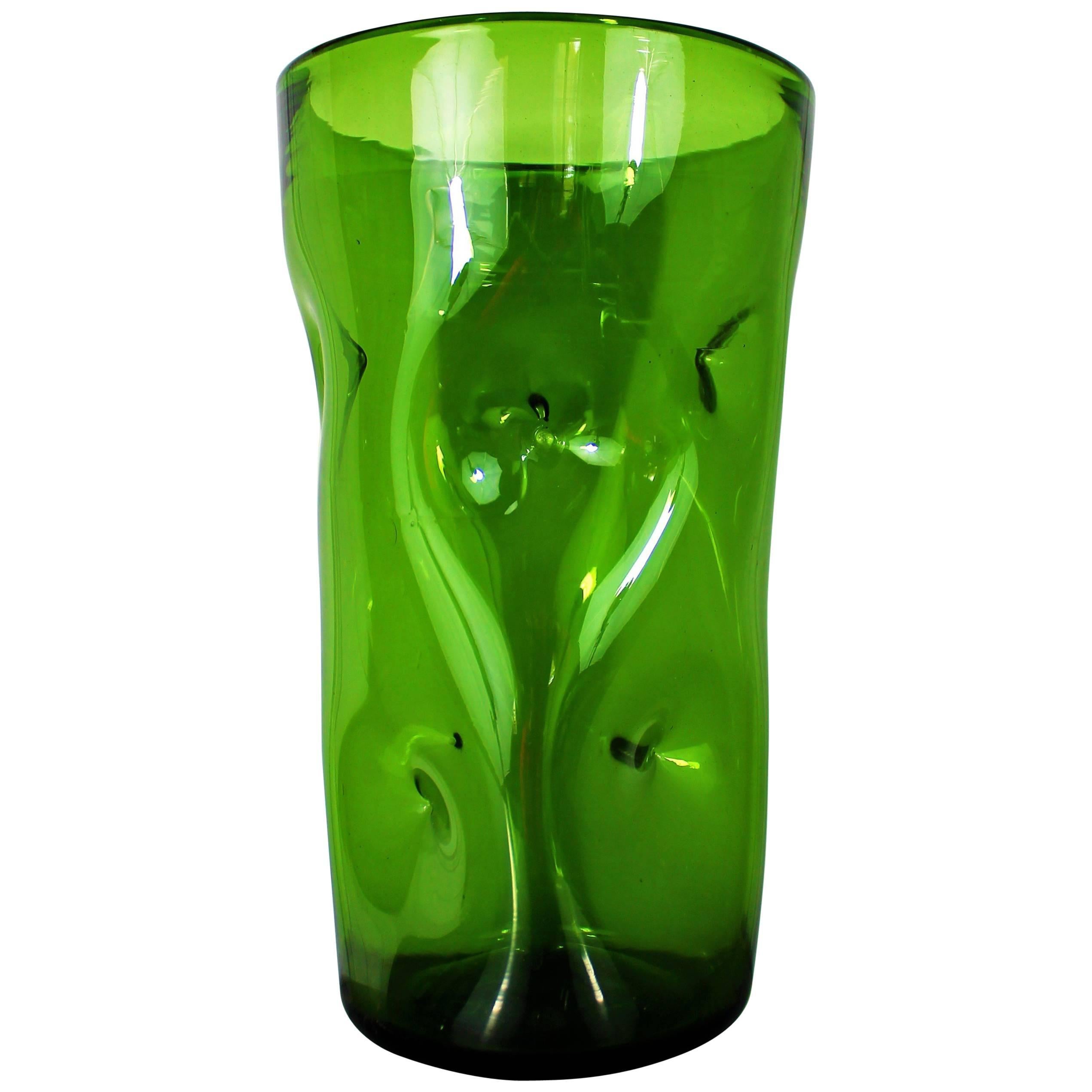 Large 1970s Vintage Green Blown Crystal Vase, France 20th Cetury For Sale