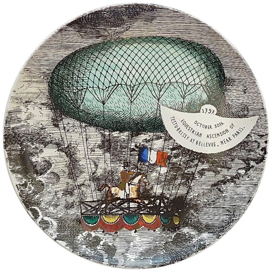 1950s Piero Fornasetti Mongolfiere Midcentury Art Ceramic Plate Milano, Italy