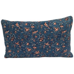 Early 19th Century French Block-Printed Indigo Resist with Red Birds Pillow