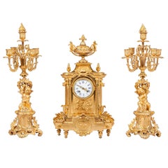 Antique Exceptional French 19th Century Gilt Bronze Mantel Clock and Candelabra Set