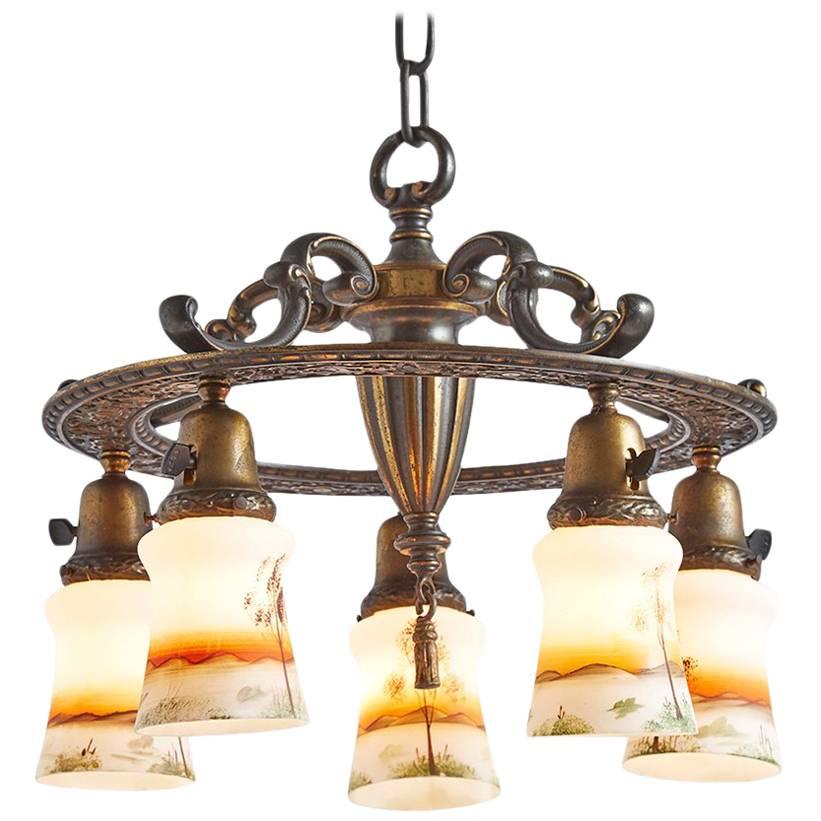 Revival-Style Five-Light Chandelier with Painted Shades, circa 1920s