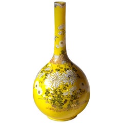 Antique Japanese Kyoto Satsuma Pottery Atomic Yellow Long Neck Point Bottle Vase