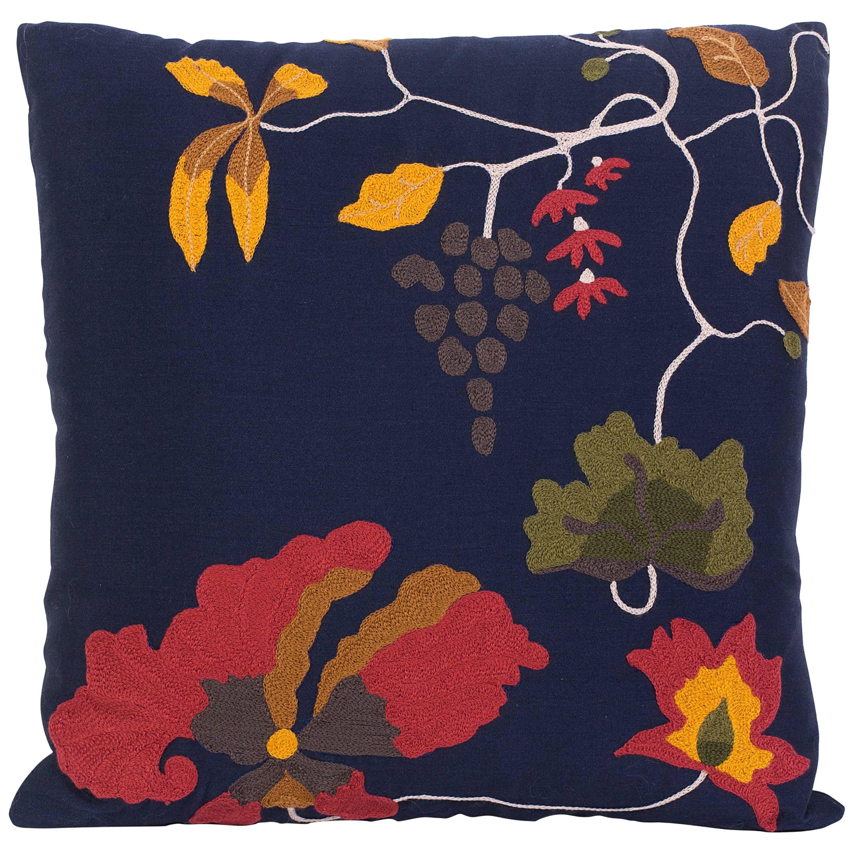 Silk Wool Sateen Hand-Embroidered Floral Decorative Pillow