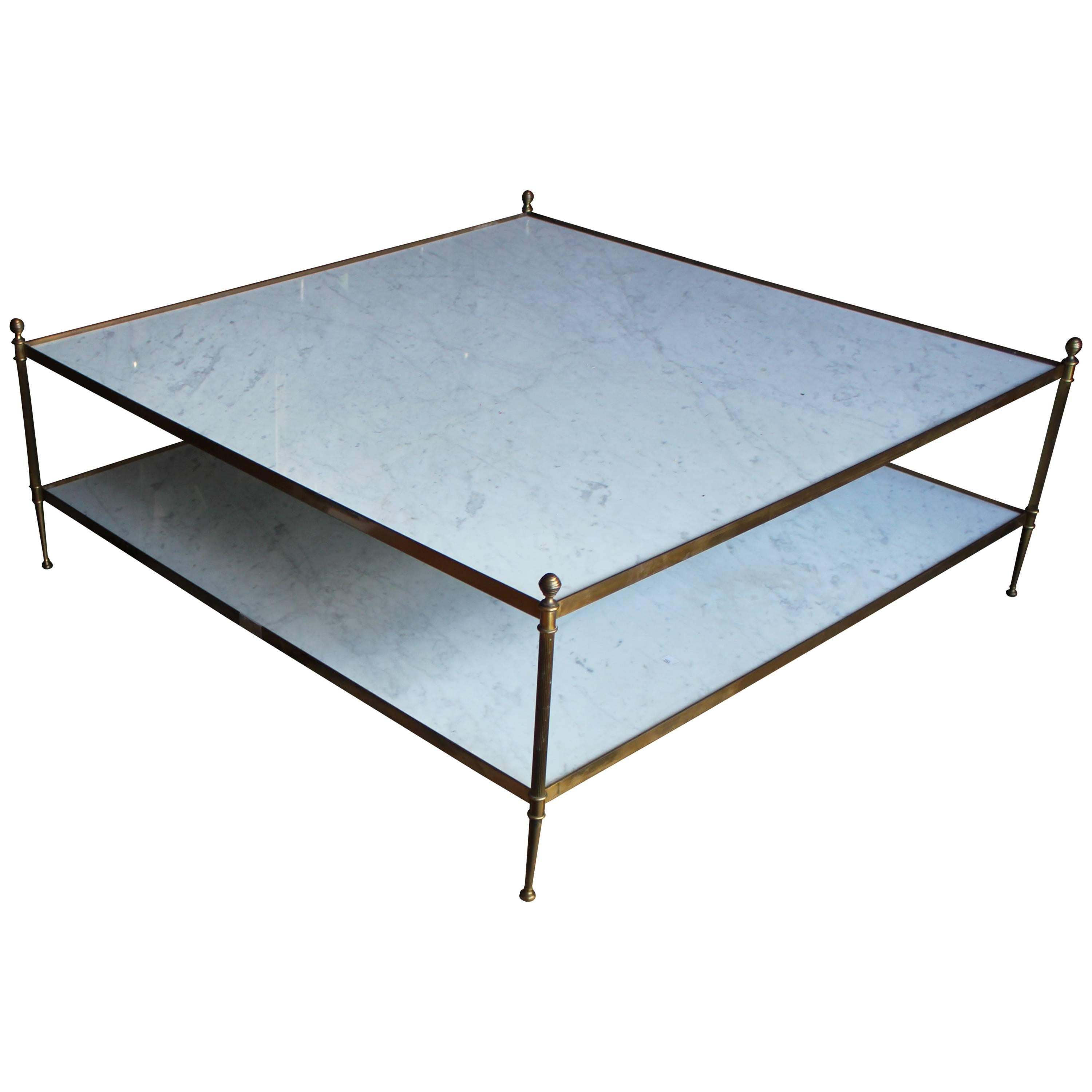 Hollywood Regency Italian Marble and Brass Two-Tiered Square Coffee Table