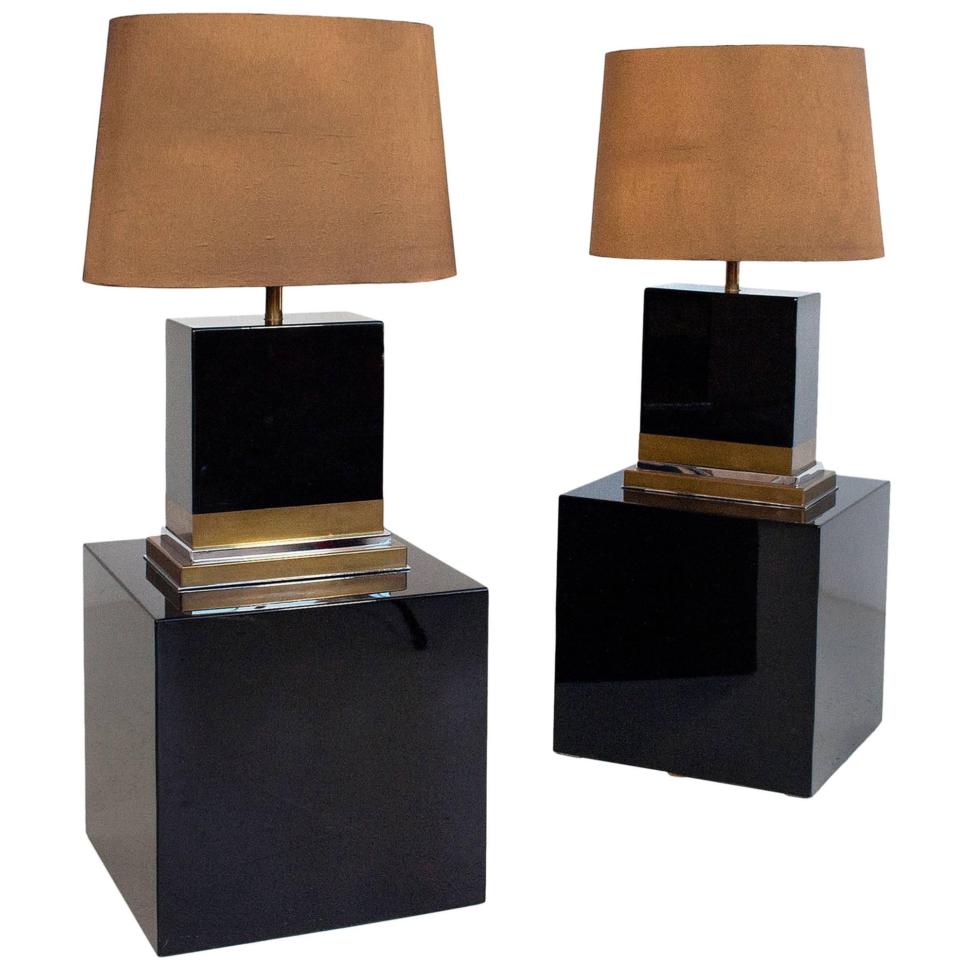 Pair of Black Lacquered Lamps by Jean-Claude Mahey, circa 1970, France