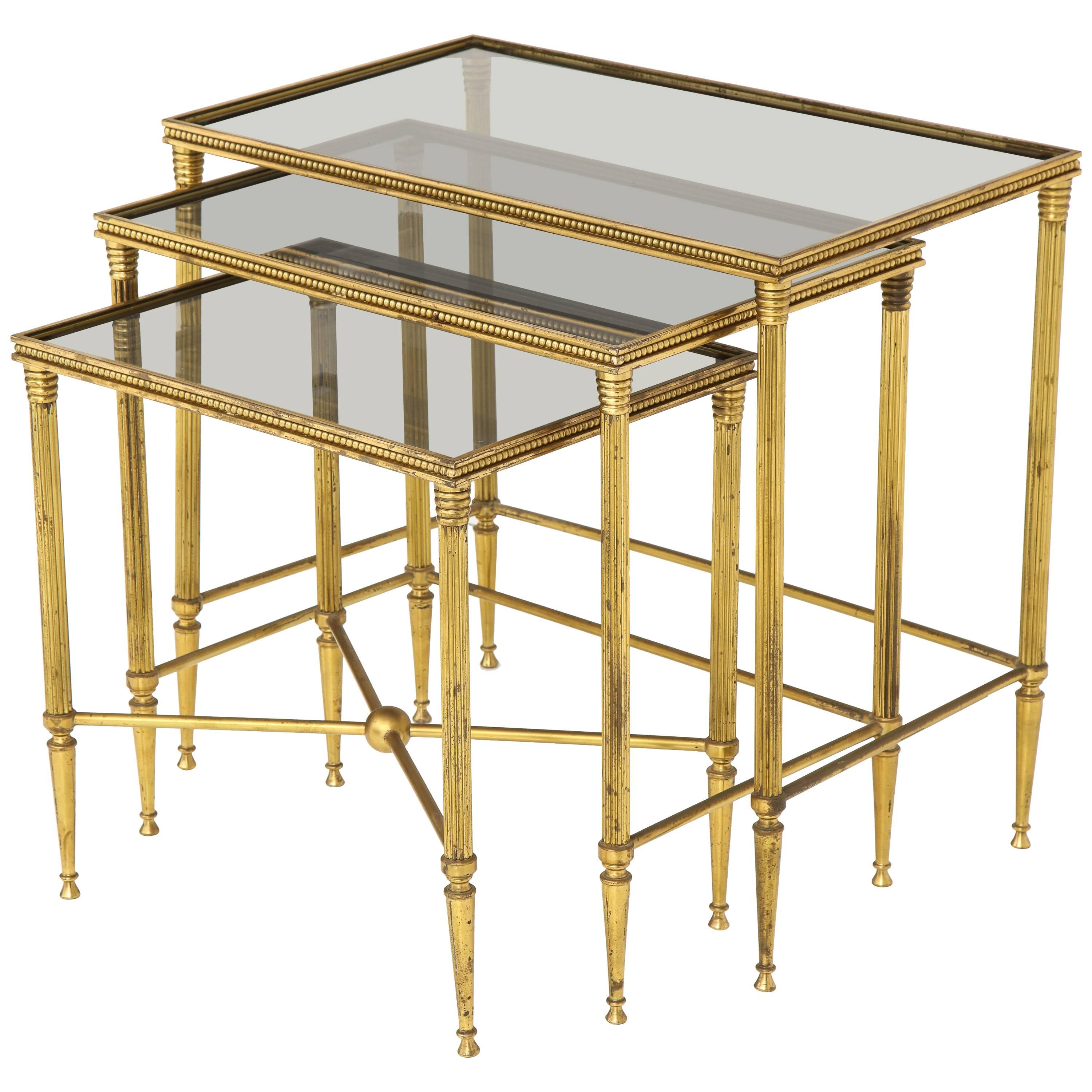 Italian Brass Nesting Tables with Inset Smoked Glass Tops