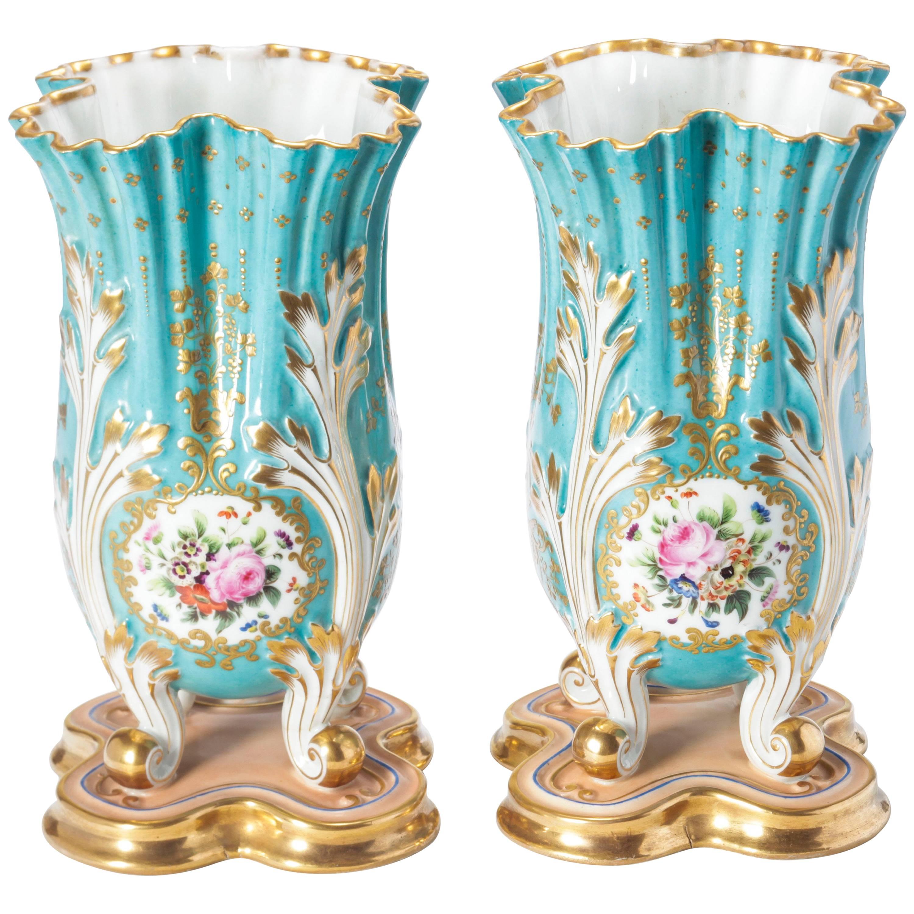 Pair of 19th Century Blue Floral Vases