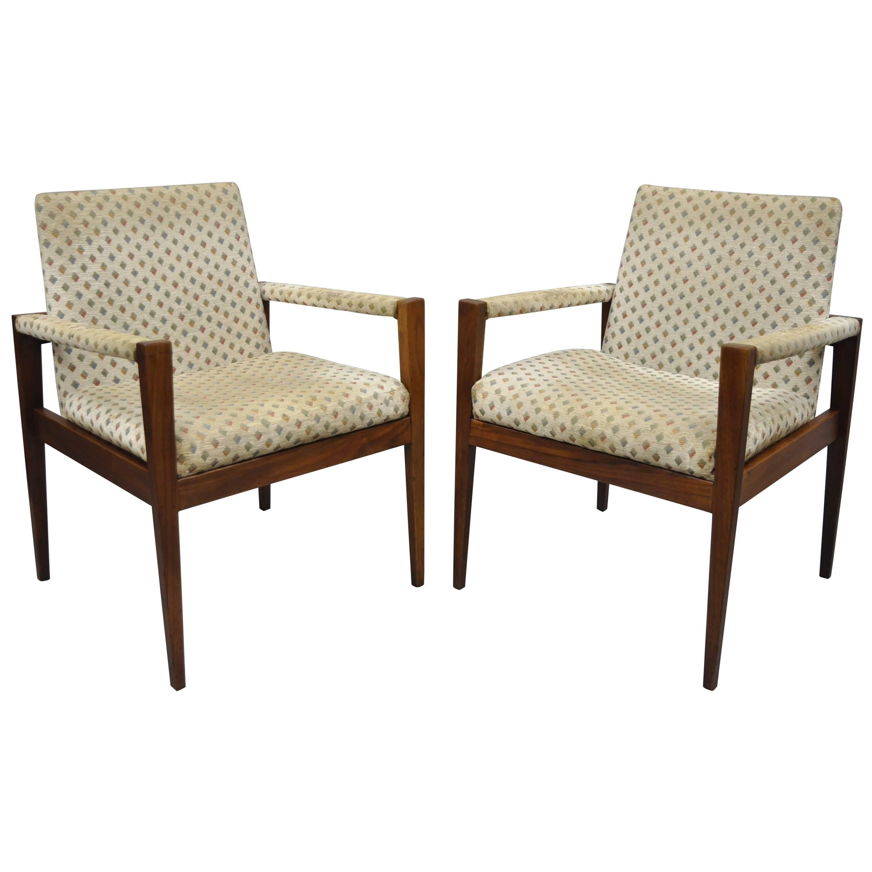 Pair Jens Risom Mid Century Modern Walnut Lounge Arm Chairs by Gaylord Brothers