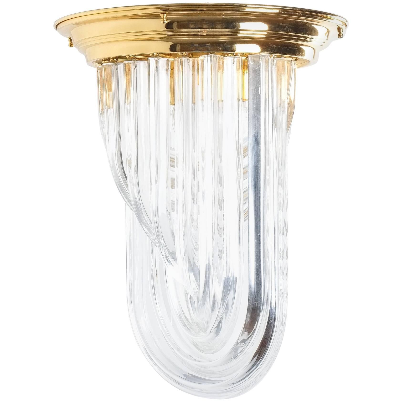 Venini Curved Crystal Glass Gilt Brass Flush Mount Lamp, Italy, 1960