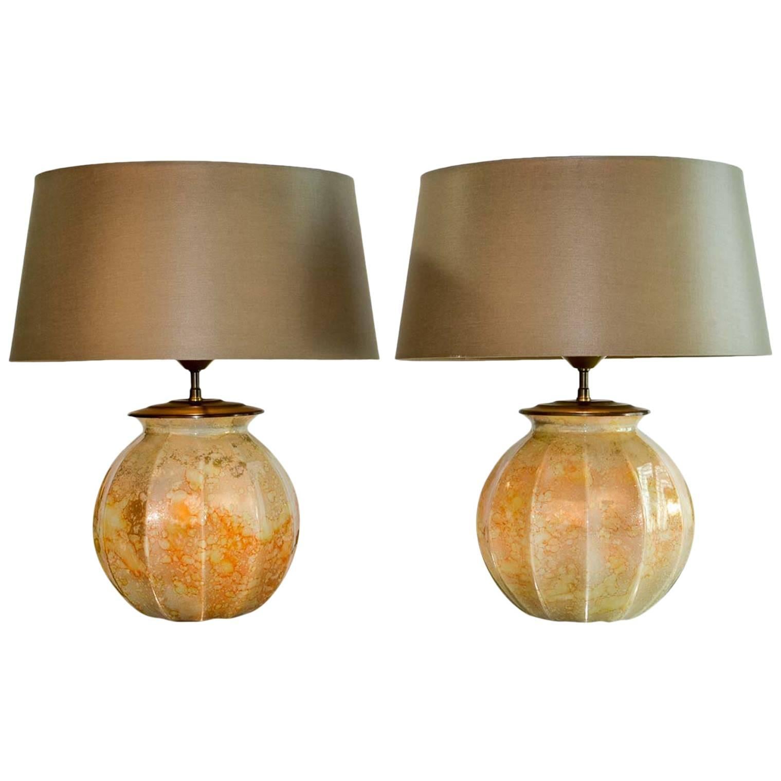 Stunning Pair of French Handmade Glass Laque Line Table Lamps, 1970s