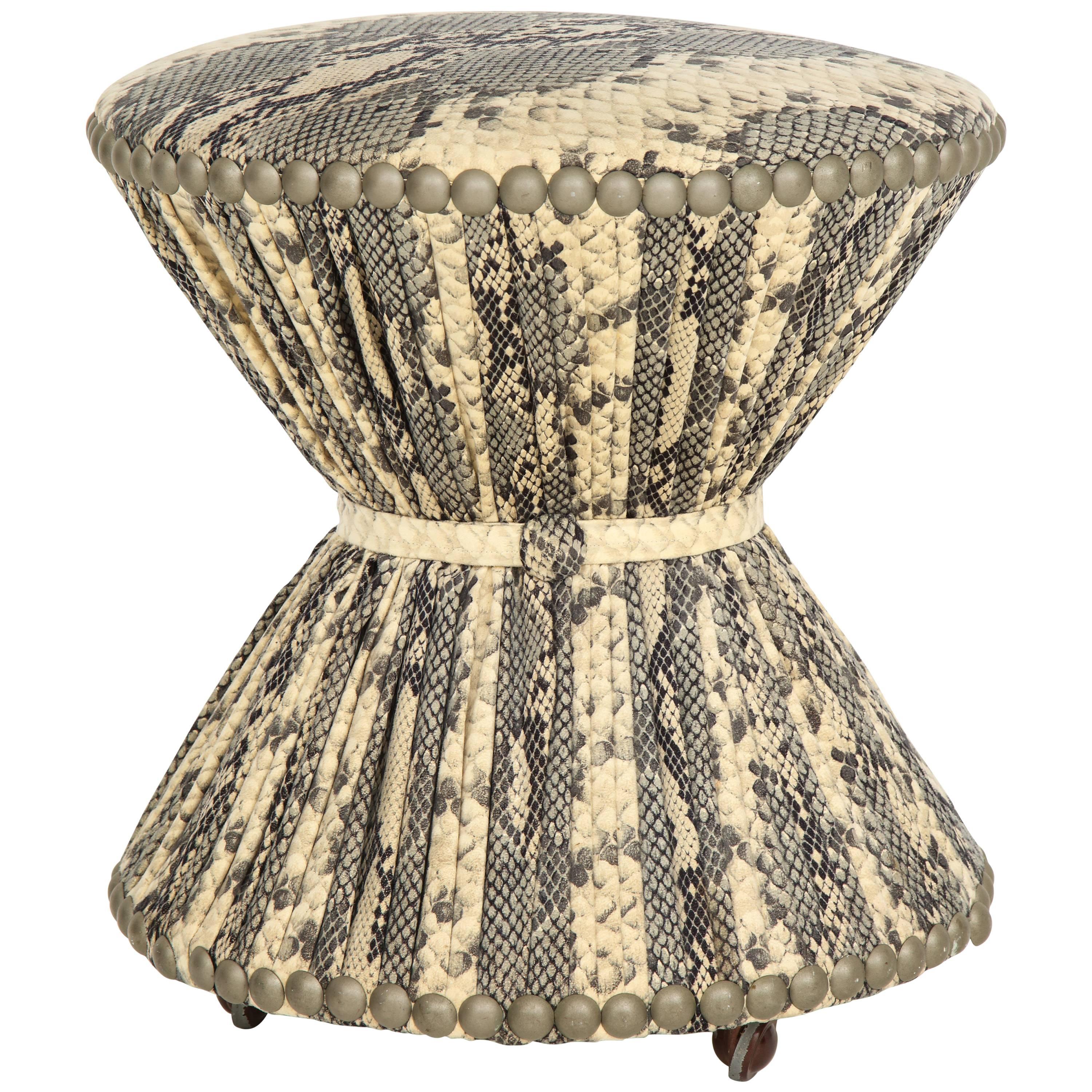 Snakeskin Printed Fabric Stool on Casters with Studded Trim