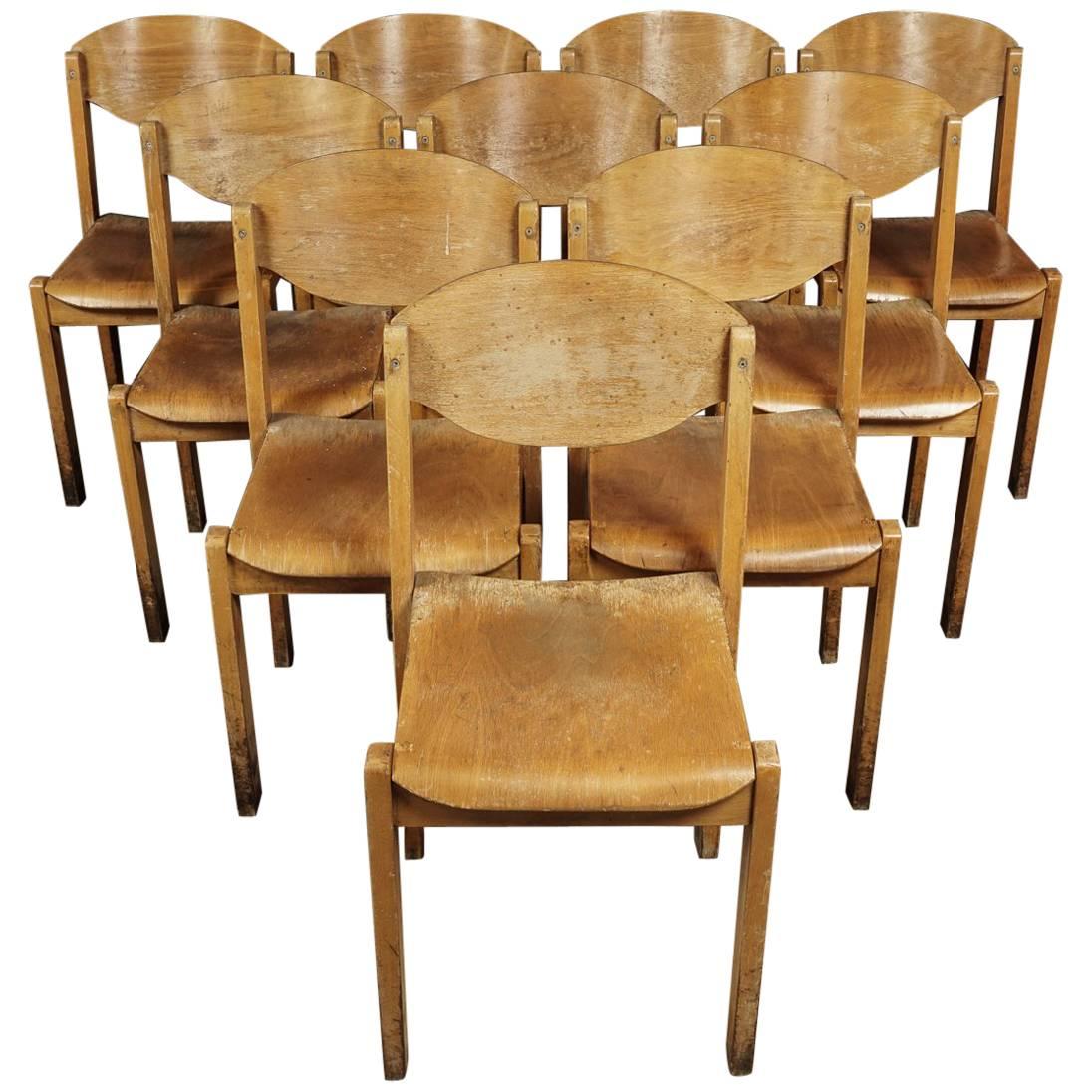 Set of Ten Stacking Chairs from a University in France, circa 1960