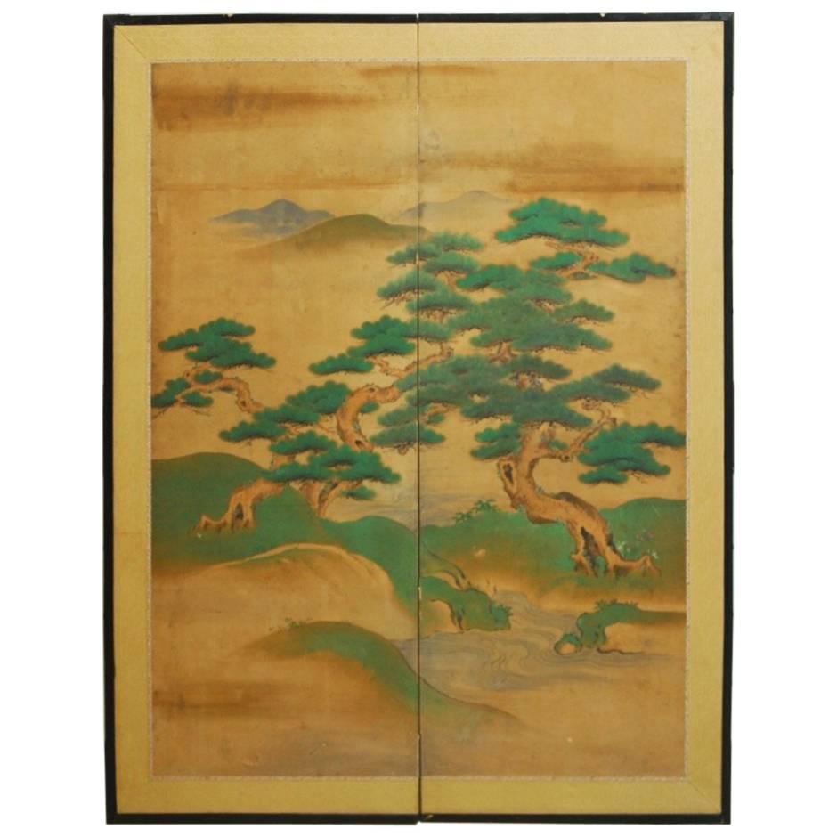 18th Century Japanese Two-Panel Kano School Screen