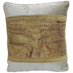 19th Century Aubusson Tapestry and Grey Silk Velvet Decorative Pillow
