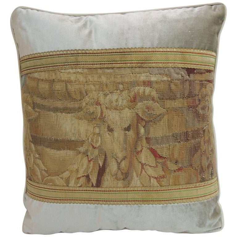 19th Century Aubusson Tapestry and Grey Silk Velvet Decorative Pillow For Sale at 1stdibs