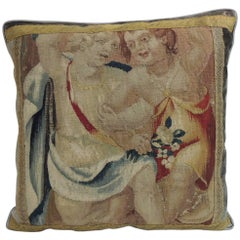 19th Century Aubusson Tapestry and Grey Silk Square Decorative Pillow