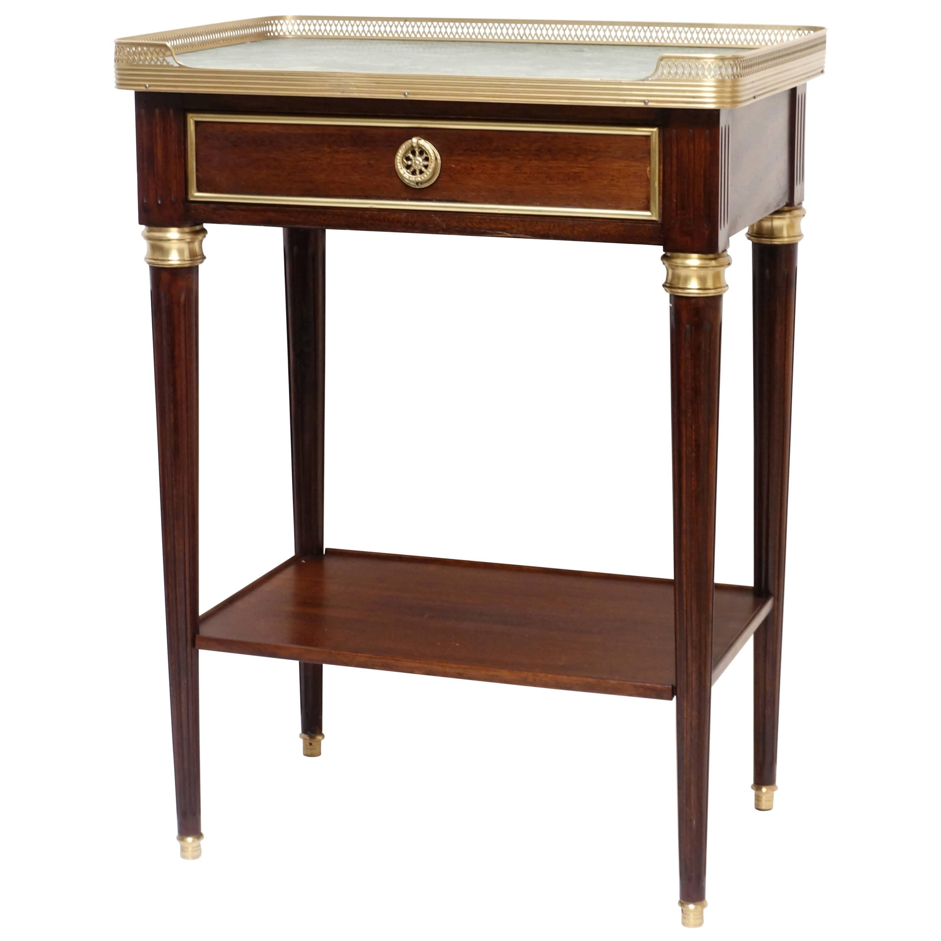French Louis XVI Style Mahogany Side Table with Green Marble Top 