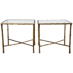 Pair of Gilt Metal Faux Bamboo Glass Top Tables