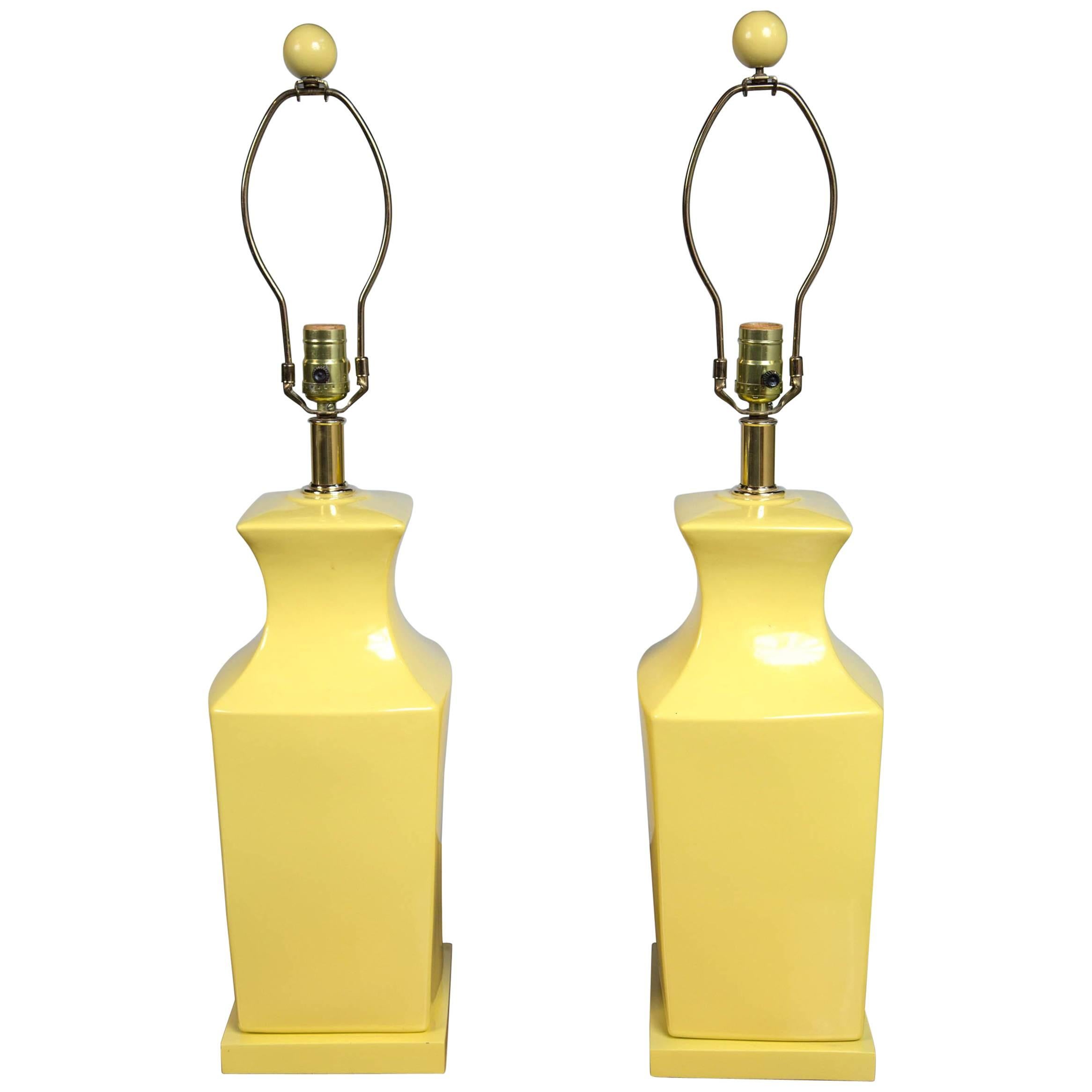 Pair of Chinoiserie Style Yellow Pottery Lamps