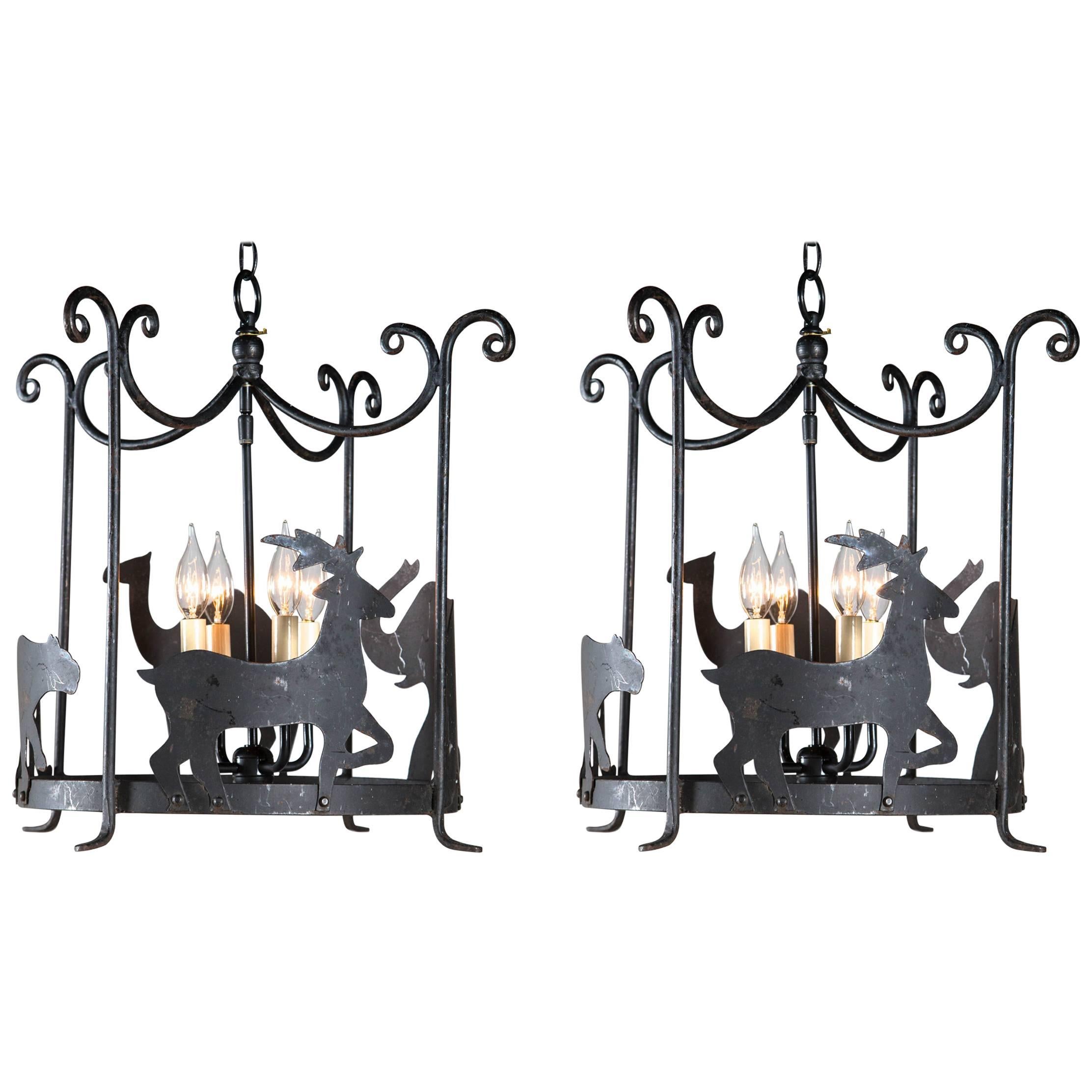 Pair of Whimsical Iron Chandeliers