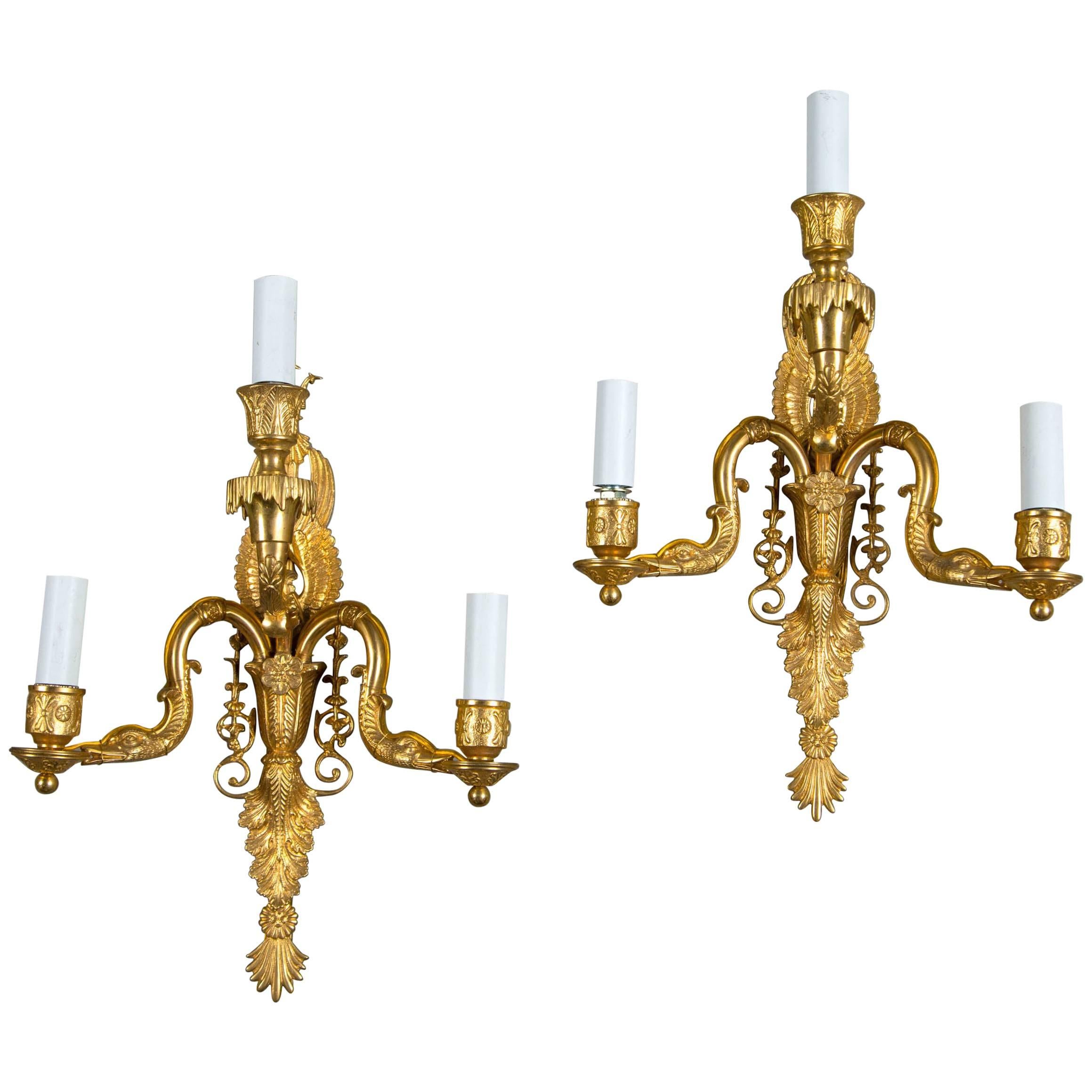 Pair of 1930 French Empire Style Sconces with Three Lights For Sale