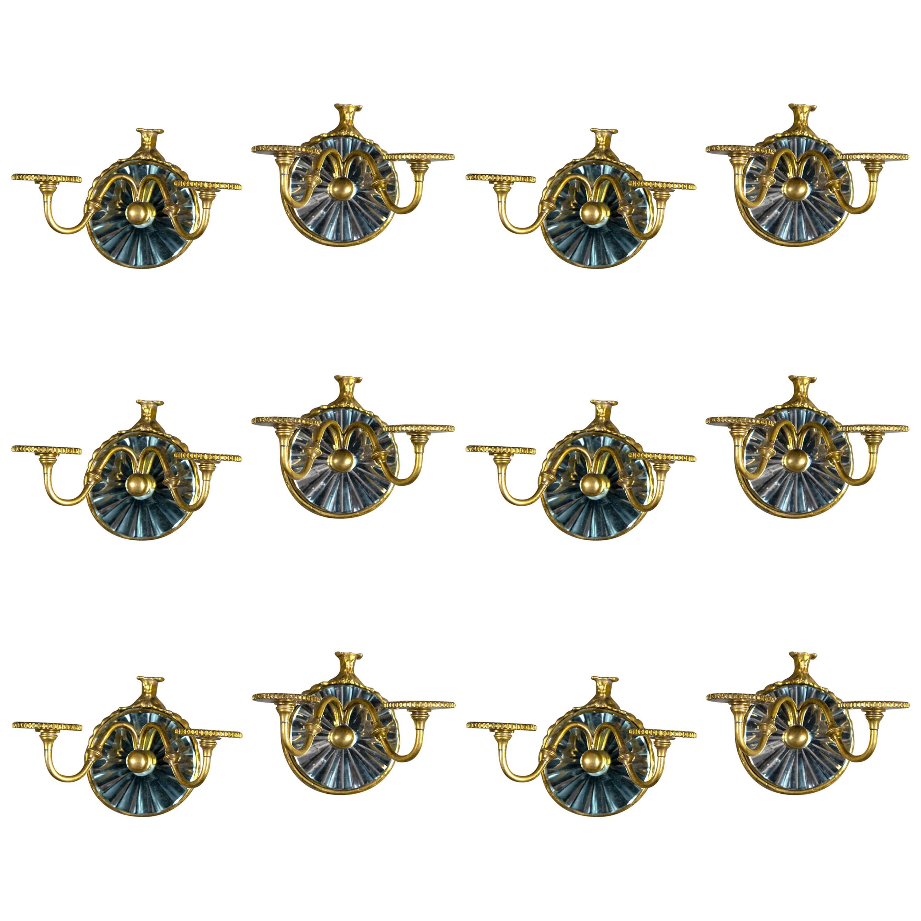 Set of 12 Silver Plate Caldwell Sconces with Cut Mirrored Backplate For Sale