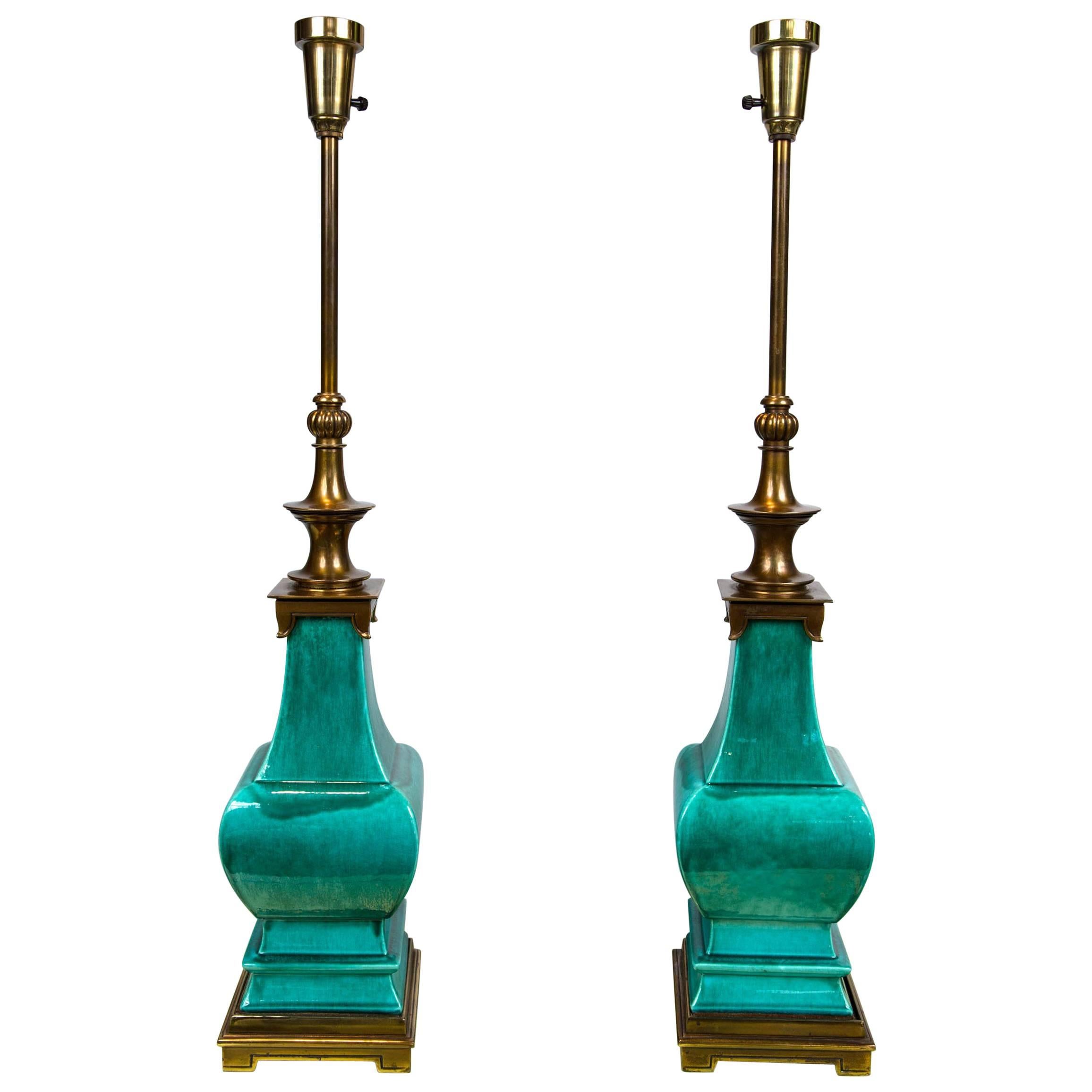 Pair of Midcentury Green Glazed Pagoda Style Stiffel Lamps For Sale