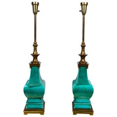 Pair of Midcentury Green Glazed Pagoda Style Stiffel Lamps