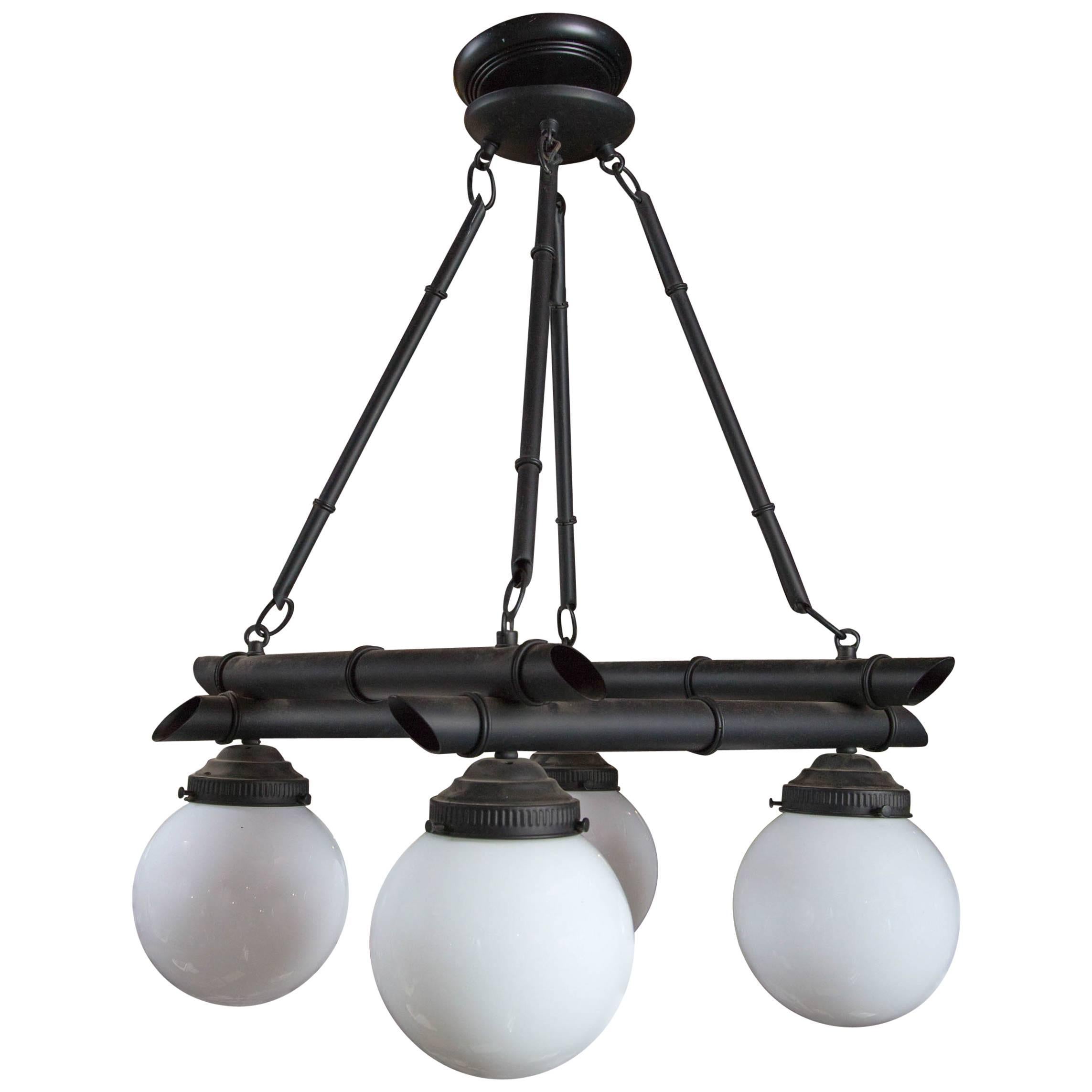 Four White Globe Black Metal Faux Bamboo Chinoiserie Chandelier