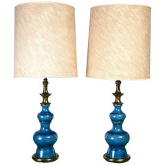 Pair of Midcentury Modern Blue Ceramic Stiffel Lamps with Original Shades