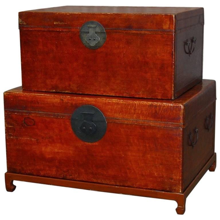 Pair of Chinese Lacquered Leather Covered Trunks on Stand