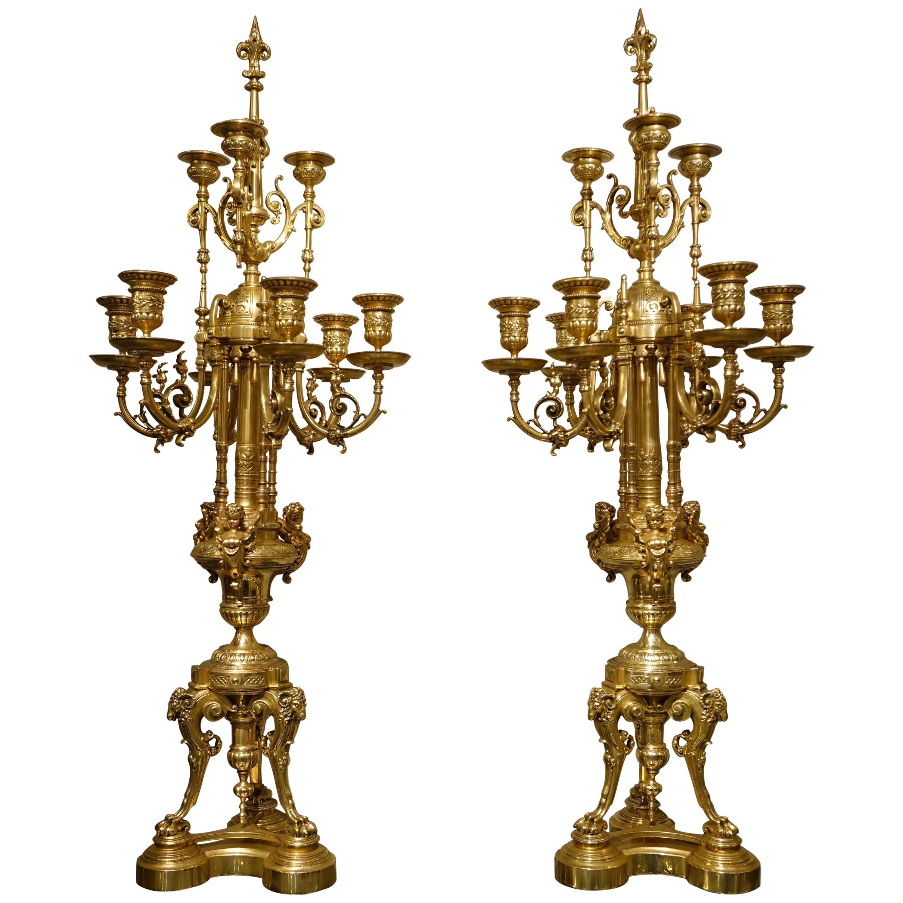 Pair of Important Gilt Bronze Candelabras in Neo-Renaissance Style, circa 1860 For Sale