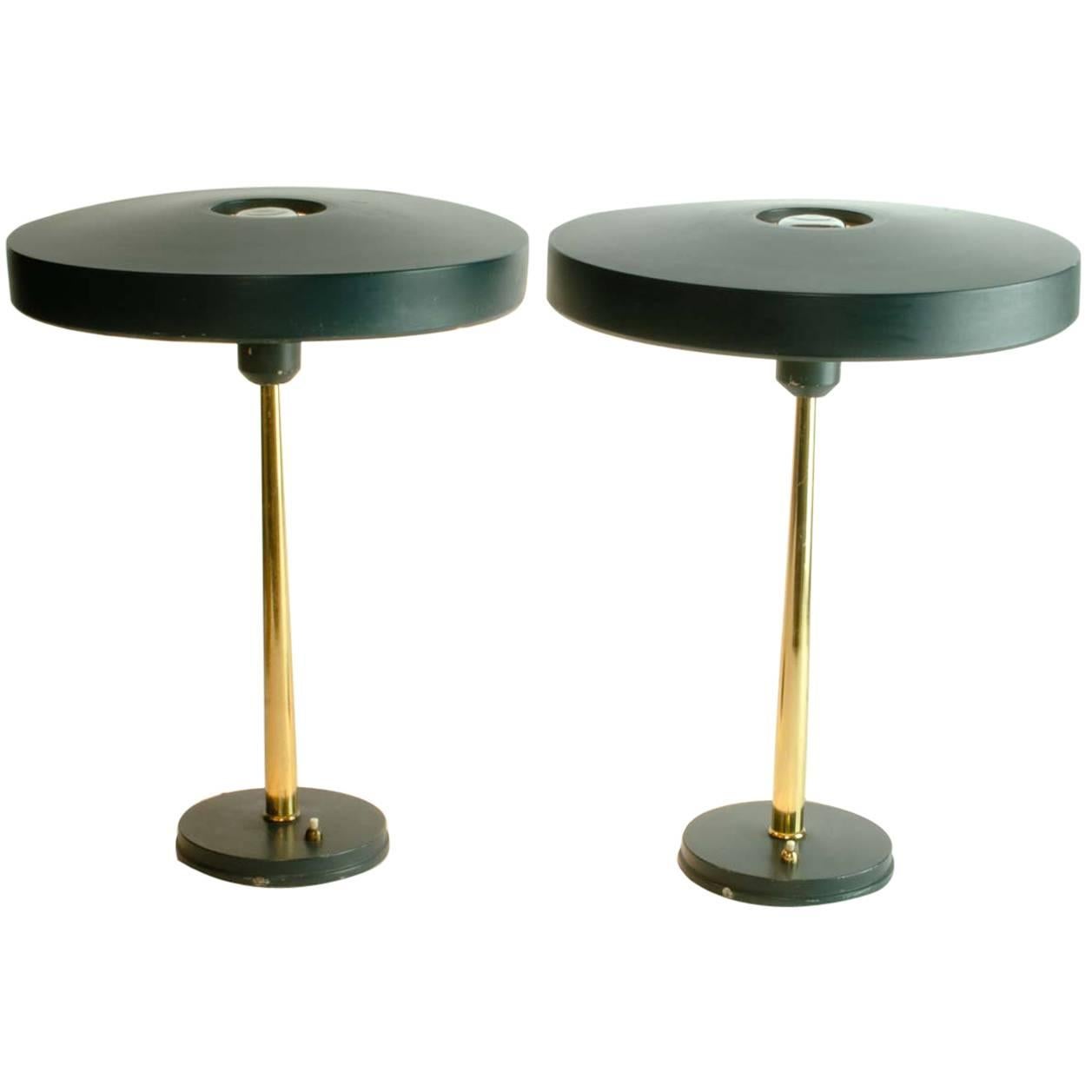 Pair of Timor 69 Table Lamps in Dark Green and Brass by Louis Kalff for Philips