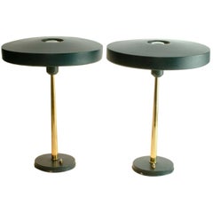 Pair of Timor 69 Table Lamps in Dark Green and Brass by Louis Kalff for Philips