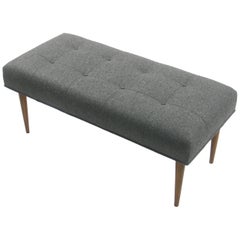 Modern Button Tufted Bench Upholstered in Dark Grey with Walnut Spindle Legs