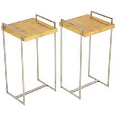 Pair of Steel Side Tables or End Tables with Birdseye Maple Tops