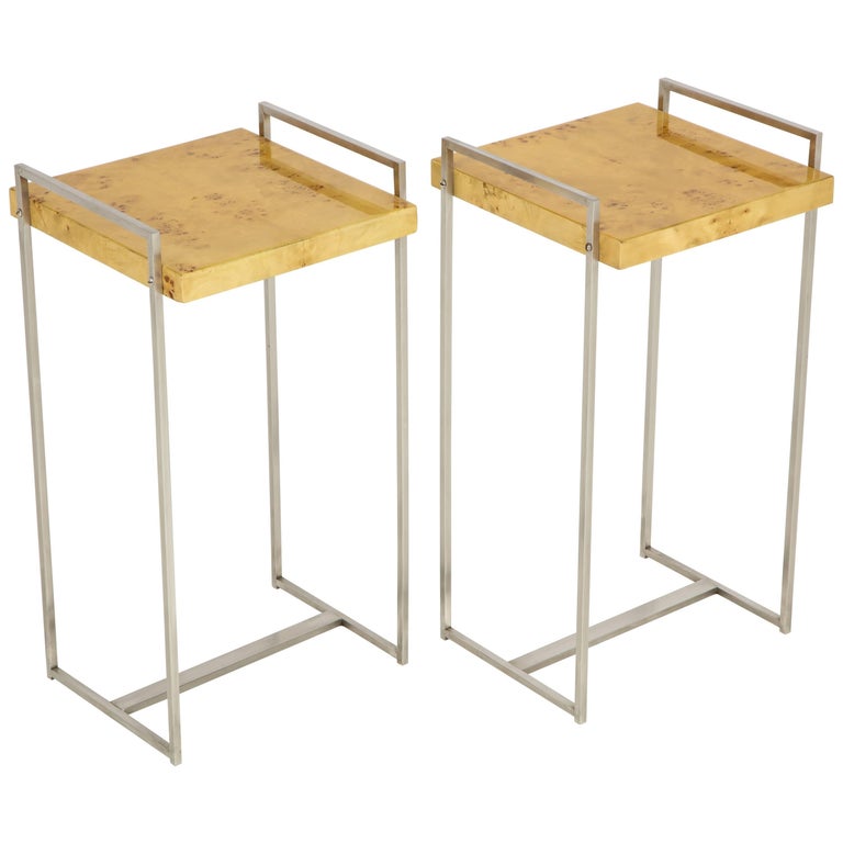 Pair of Steel Side Tables or End Tables with Birdseye Maple Tops For