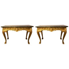 19th Century Pair of George II Style Carved Giltwood Marble Top Console Tables