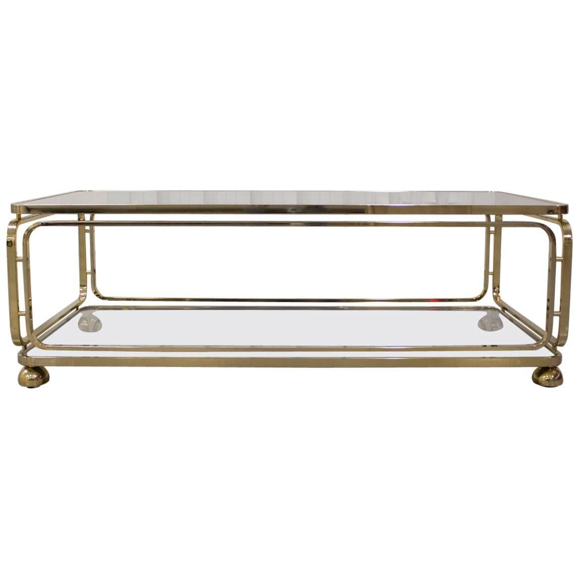 Brass Regency Style Coffee Table with Glass and Mirror Inlay