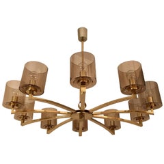 Large Swedish, 1970s Brass Smoked Glass Chandelier