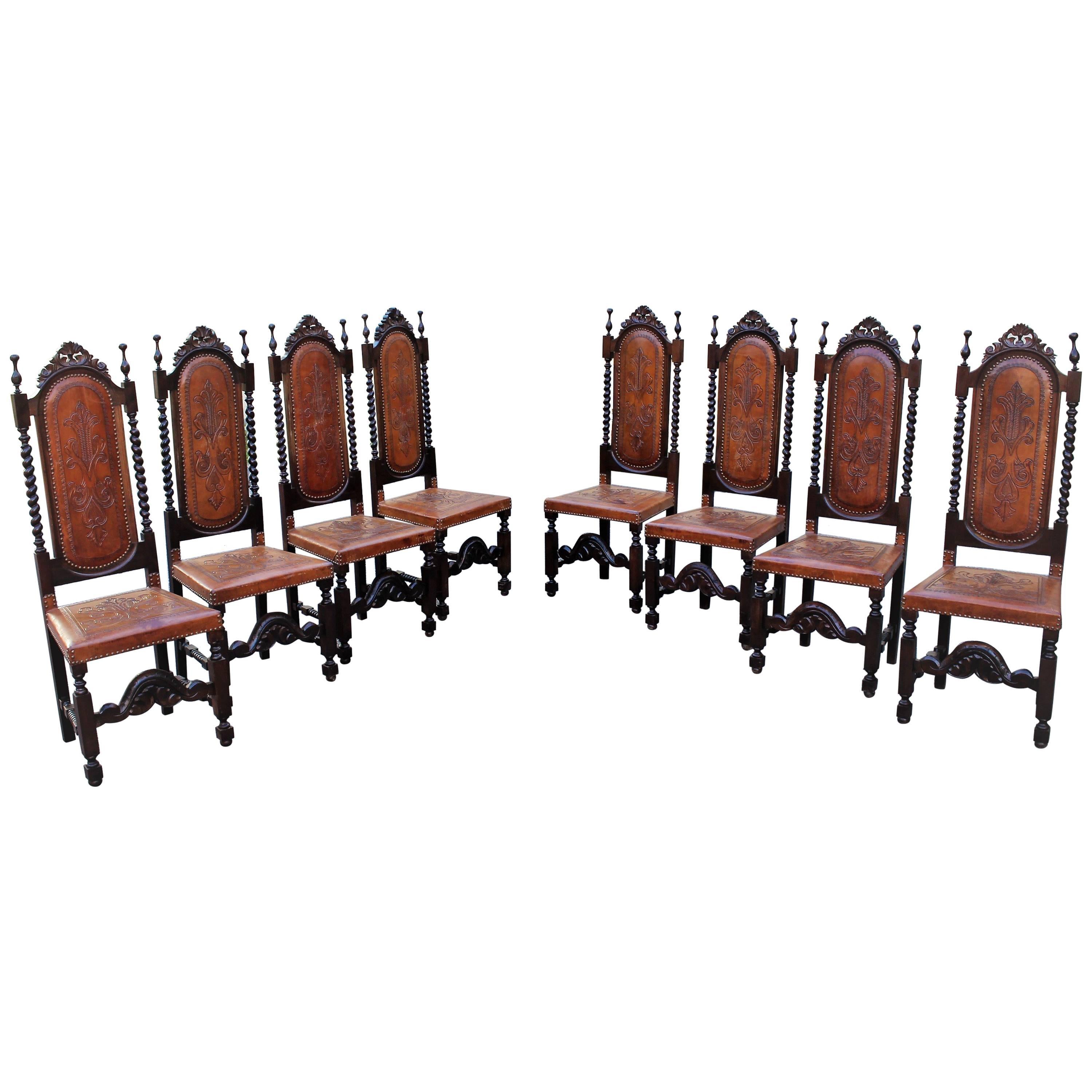 Set of Eight 19th Century French Louis Xlll Style Leather Dining Chairs 