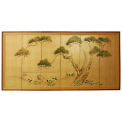 Japanese Six-Panel Byobu Screen of Pine Trees on Gold Leaf