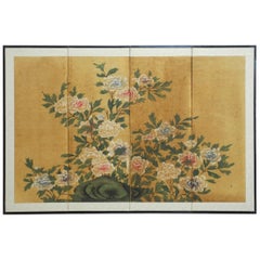 Japanese Four-Panel Floral and Foliate Byobu Screen