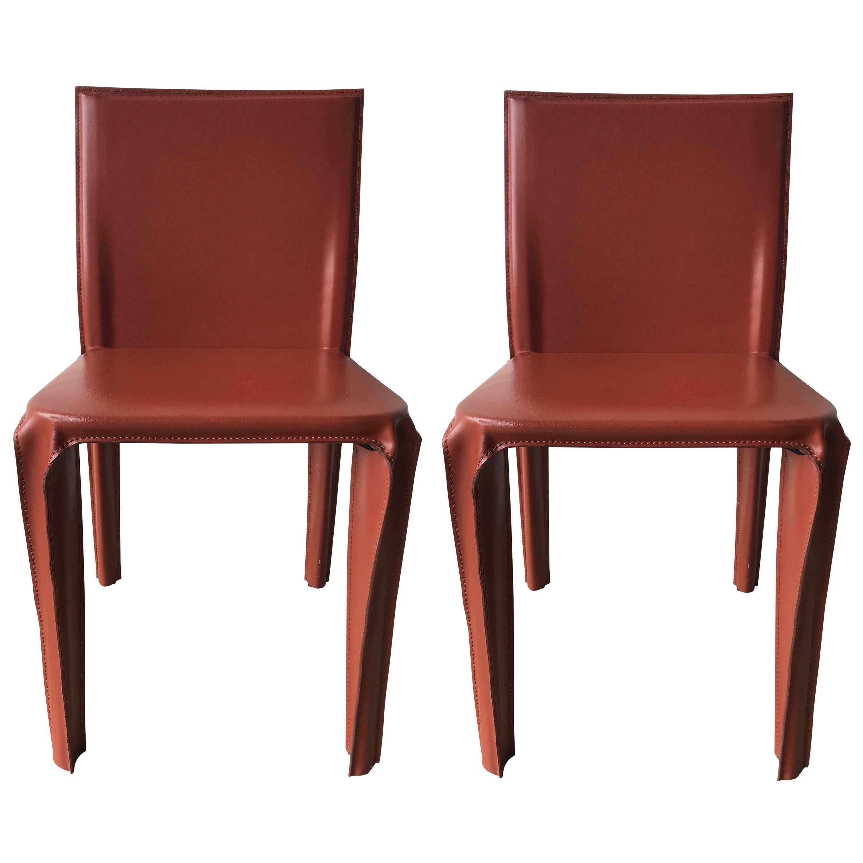 Pair of Red Leather Chairs by Arper, Italy
