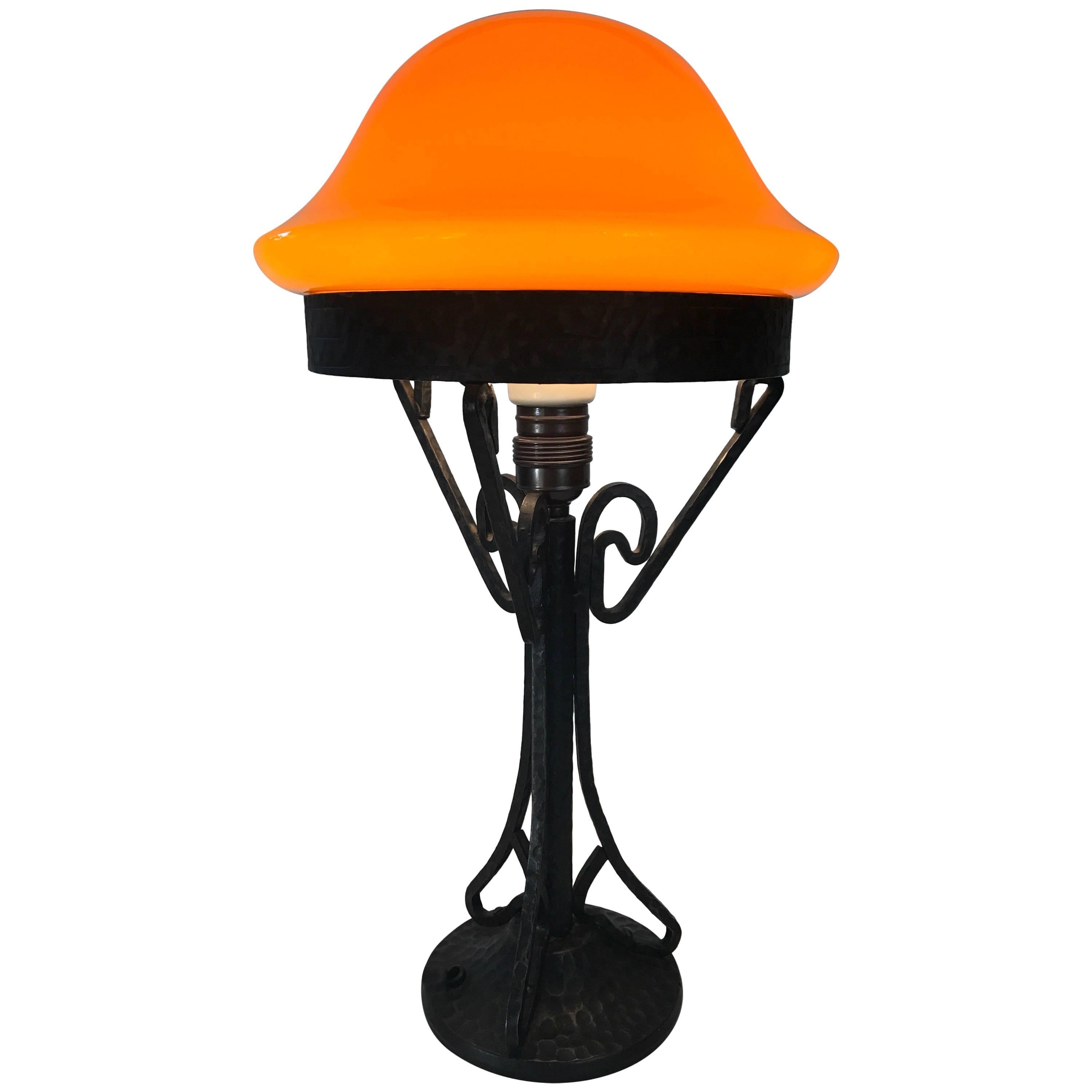 Swedish Art Nouveau Jugendstil 1915 Wrought Irion and Glass Table Lamp For Sale
