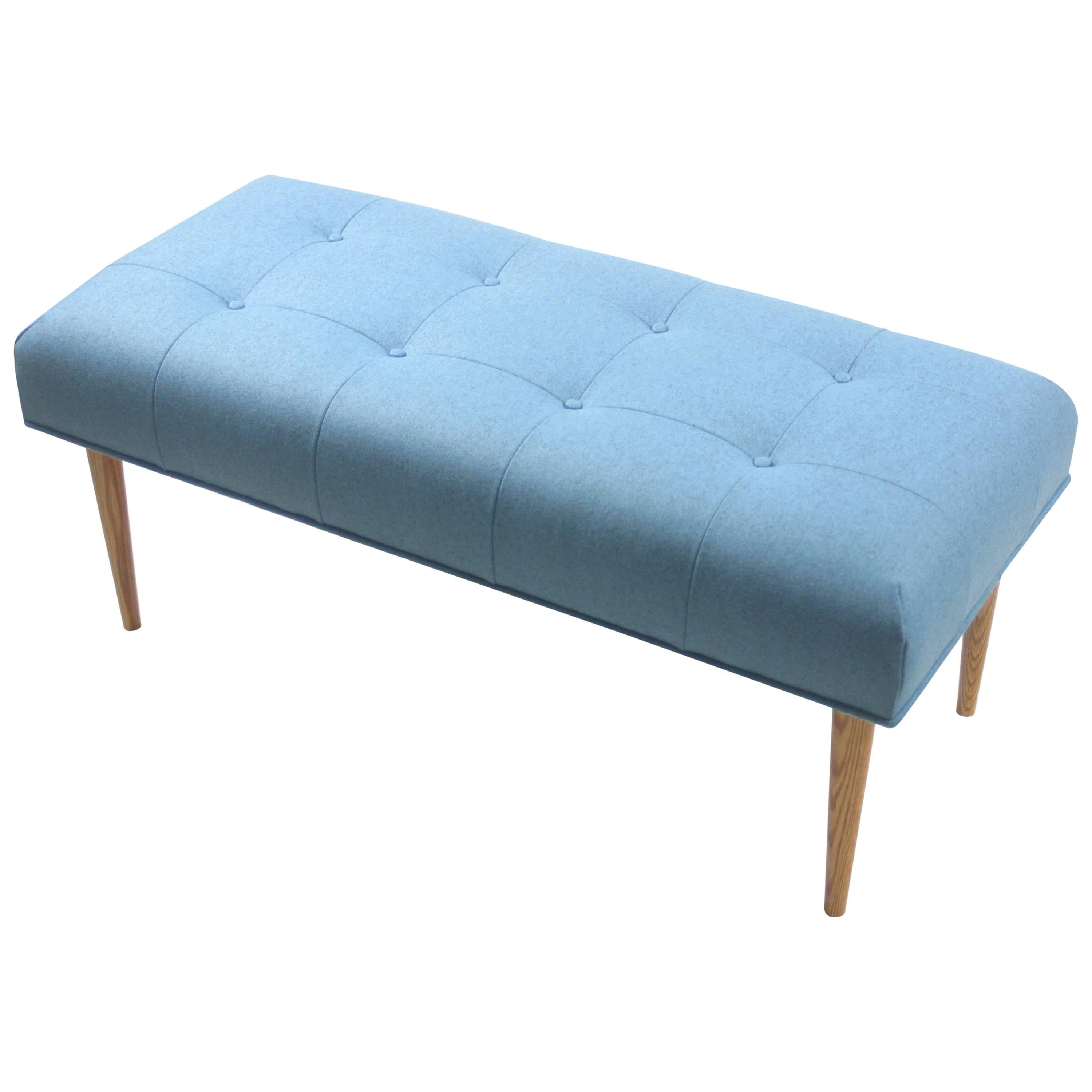 Modern Button Tufted Bench Upholstered in Heathered Blue with Oak Spindle Legs For Sale