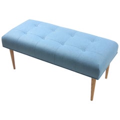 Modern Button Tufted Bench Upholstered in Heathered Blue with Oak Spindle Legs