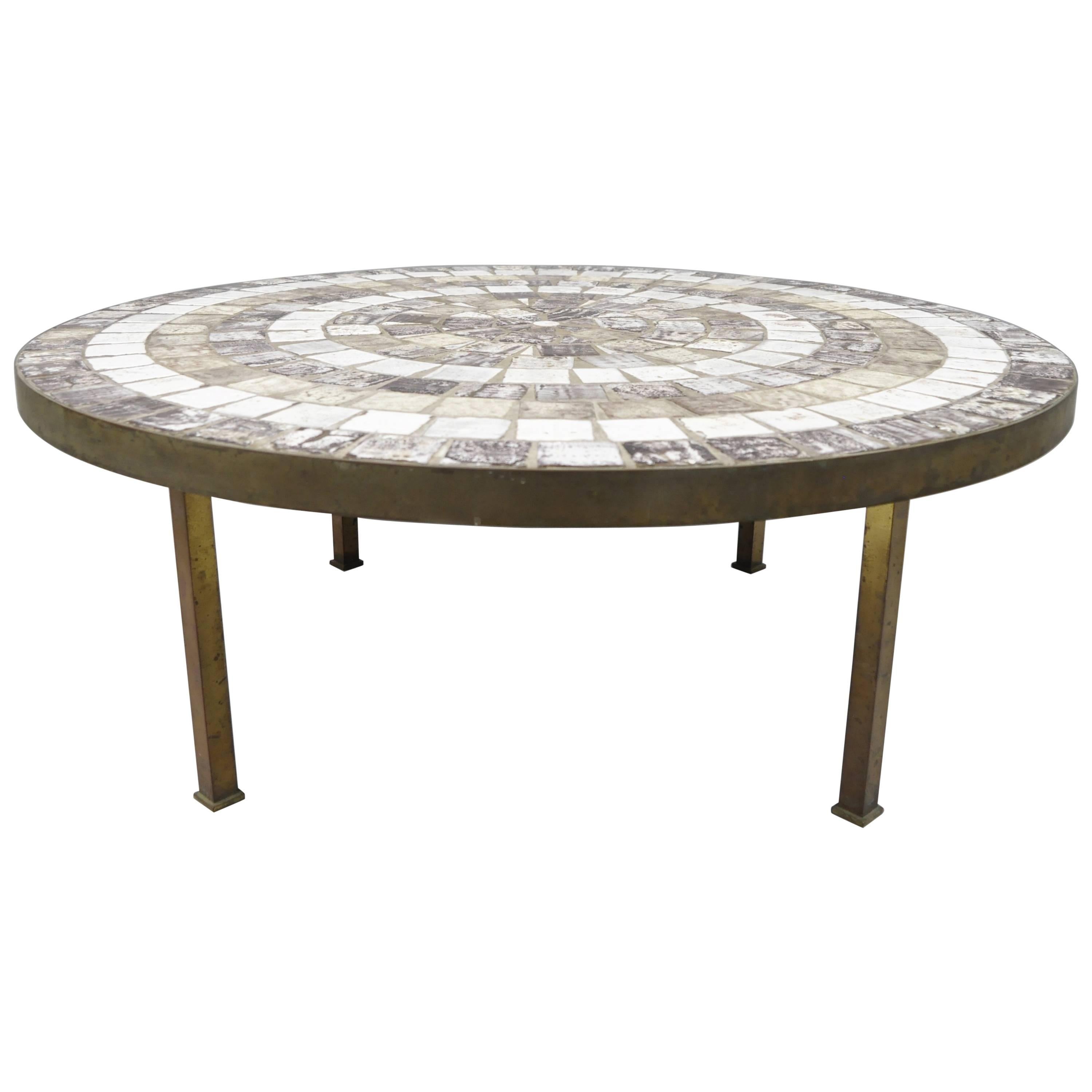 Mid Century Modern Tile Top Bronze Base Round Coffee Table after Roger Capron