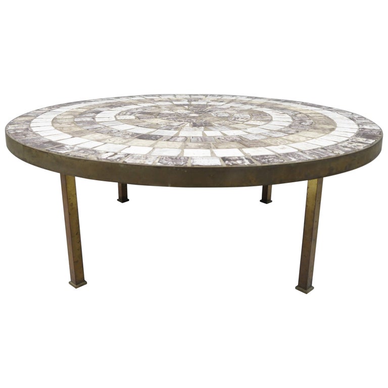 Midcentury Mosaic Tile Top Bronze Base Round Coffee Table after Roger